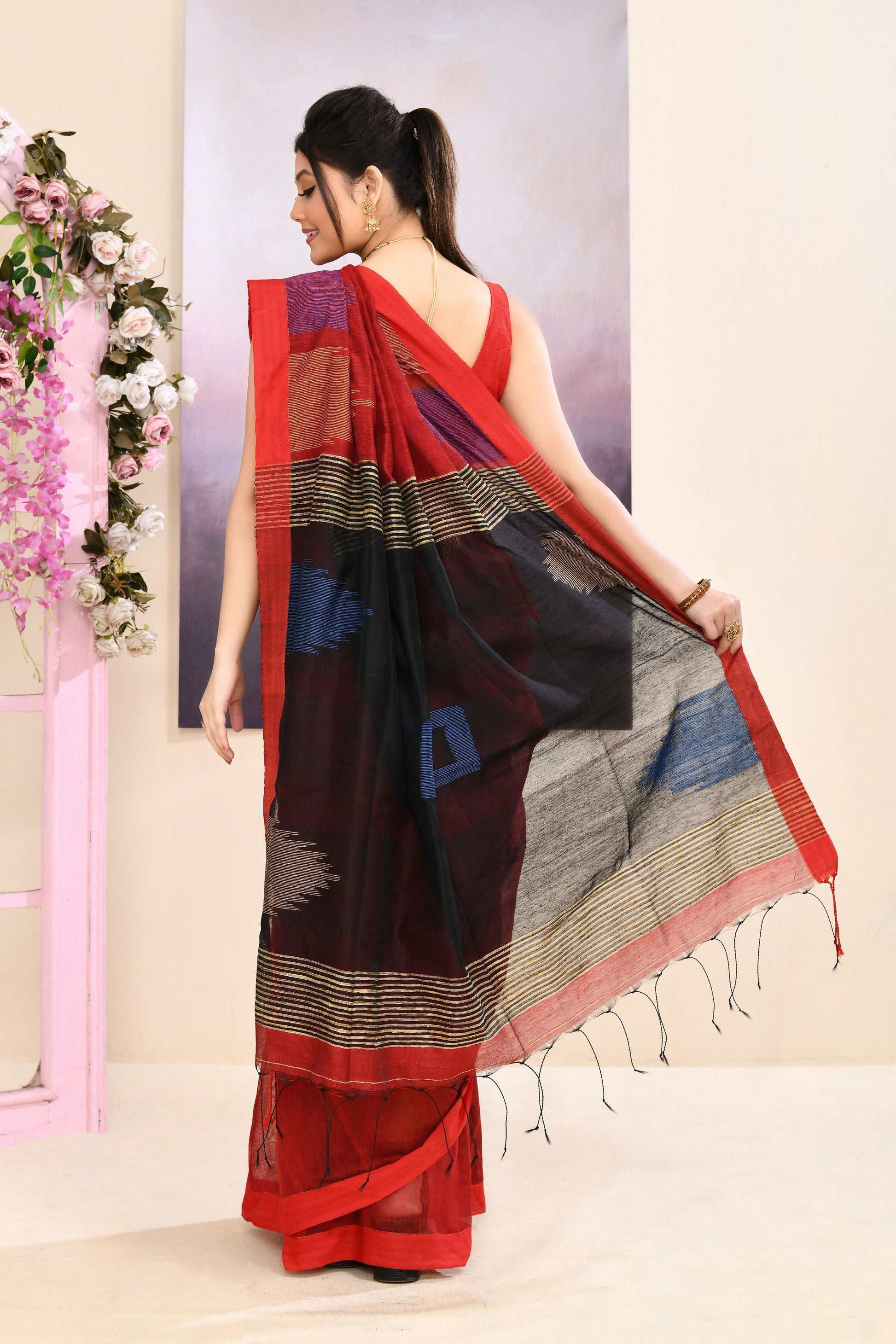 Piyari Fashion Women's Maroon Temple Border Embellished Cotton Blend Jamdani Saree