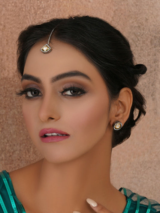 Dual Tone Kundan Maang Tikka with Earrings Jewellery Set (silver) - Ruby Raang - Grab2buy