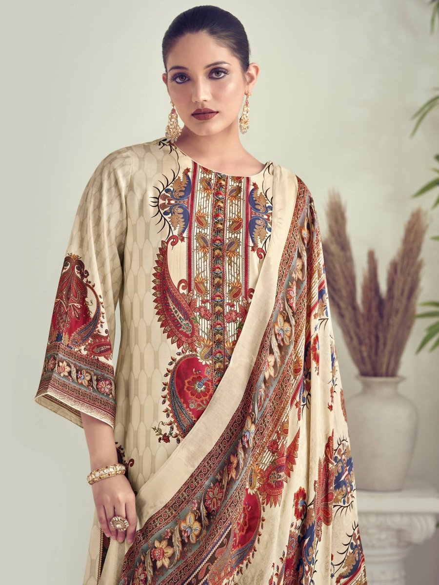 Aastha Fashion Women's Beige Muslin Floral Digital Print with Resham Thread work Kurta with Trouser & Dupatta - Grab2buy