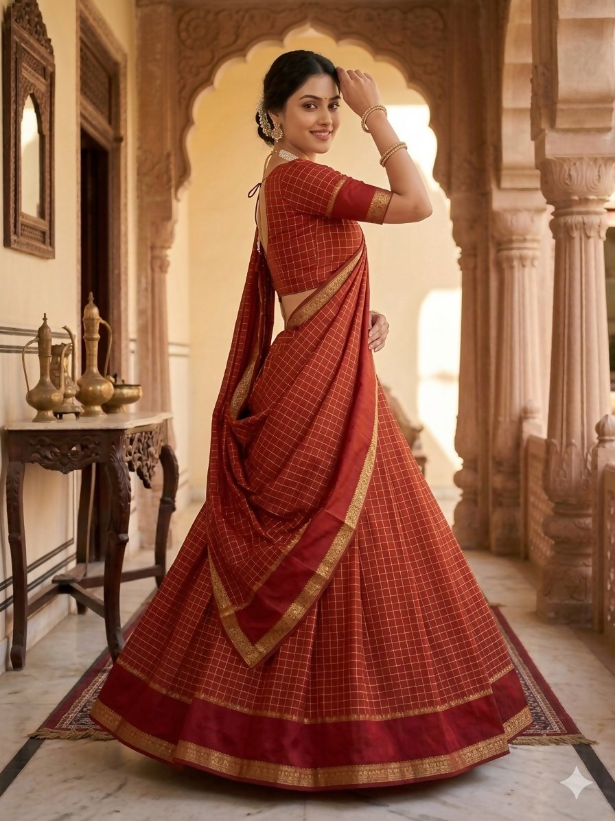 Teeya Creation New South Indian Silk Checked Half Saree Lehenga Choli with Zari Border-Orange