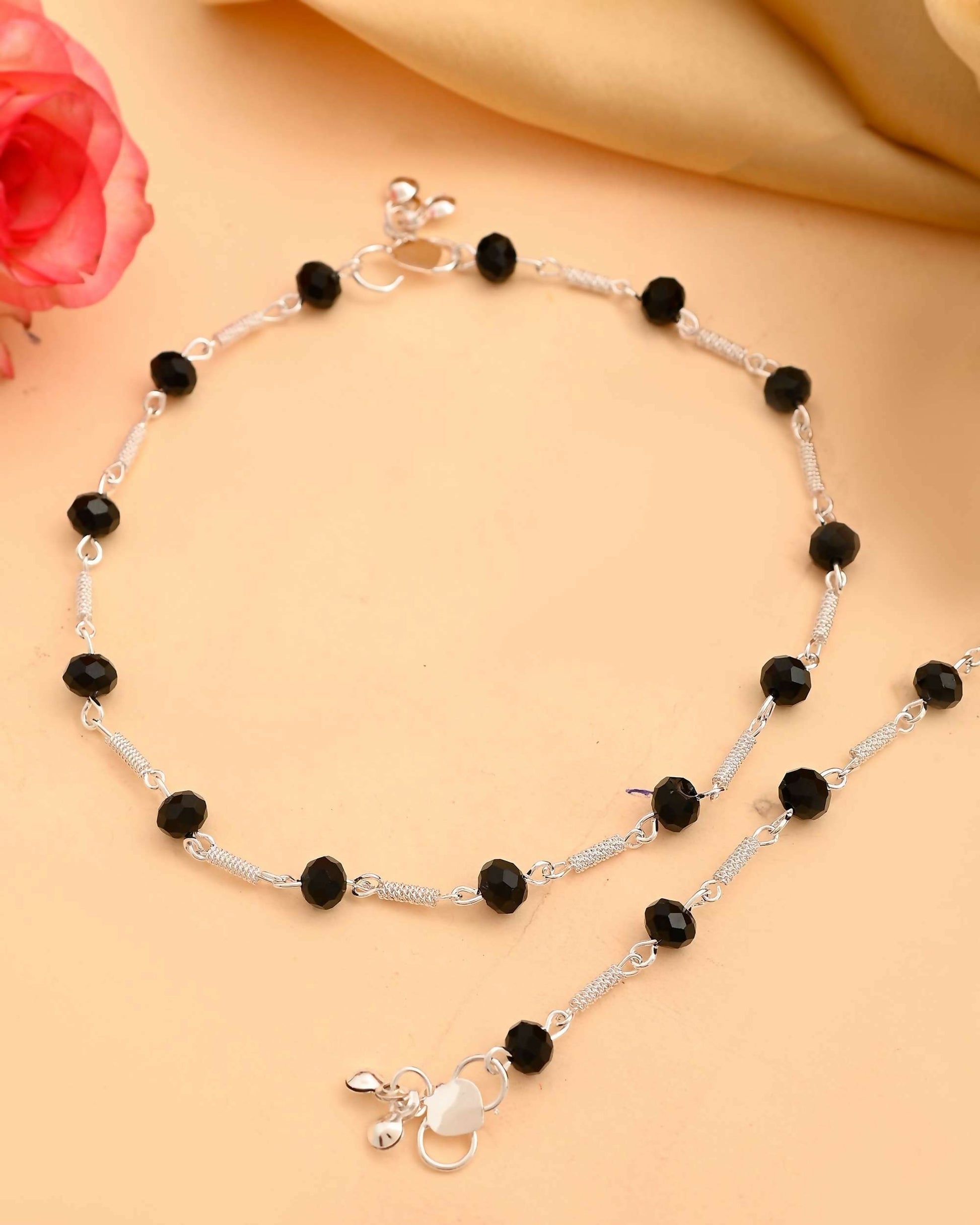 VOJ Set of 2 Silver Plated With Black Beads Anklet 