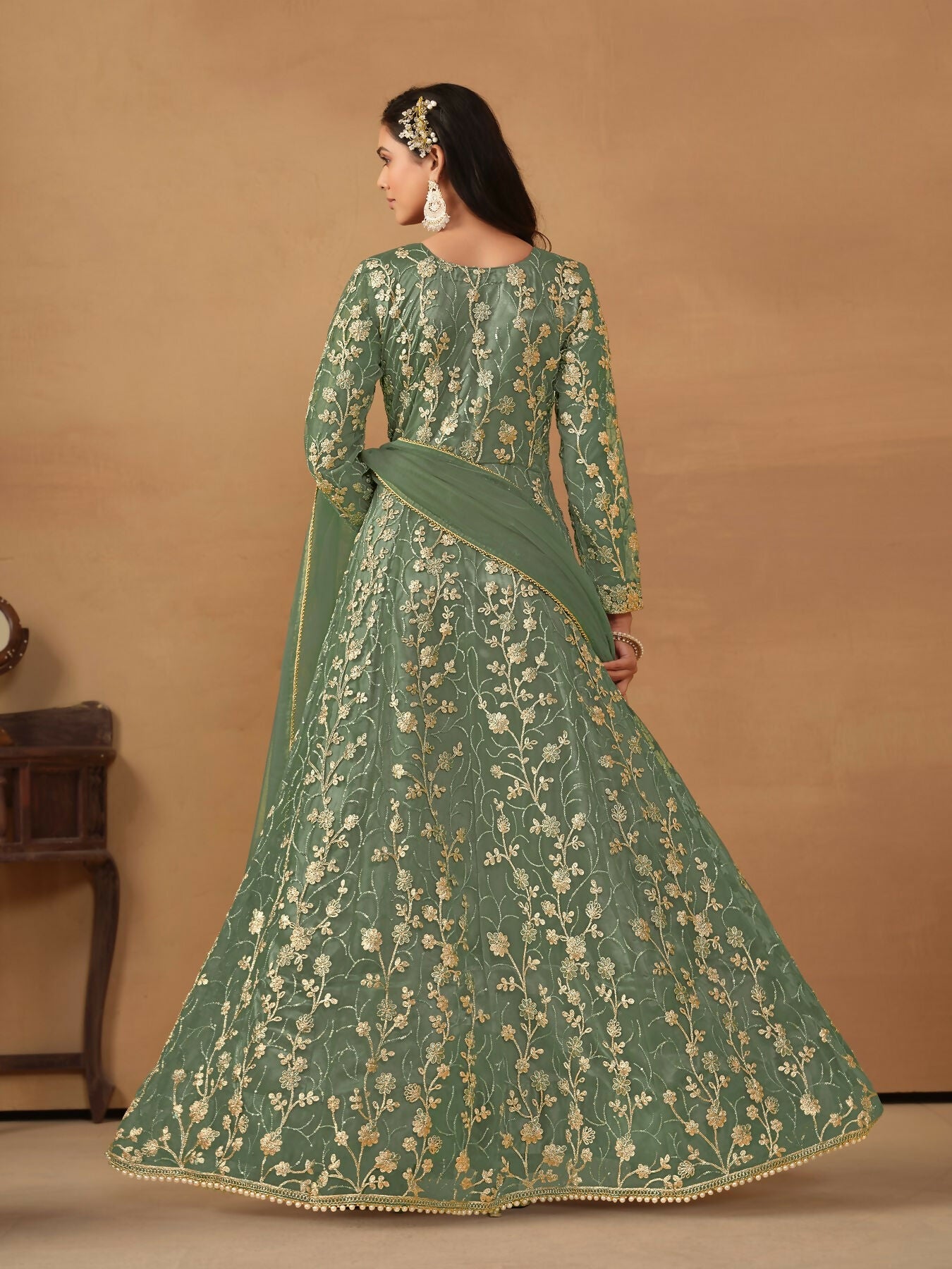 Anaita Green Embroidered Net Anarkali Suit