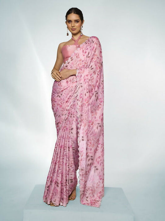 Pink Satin Georgette Designer Printed Saree - Shezlin