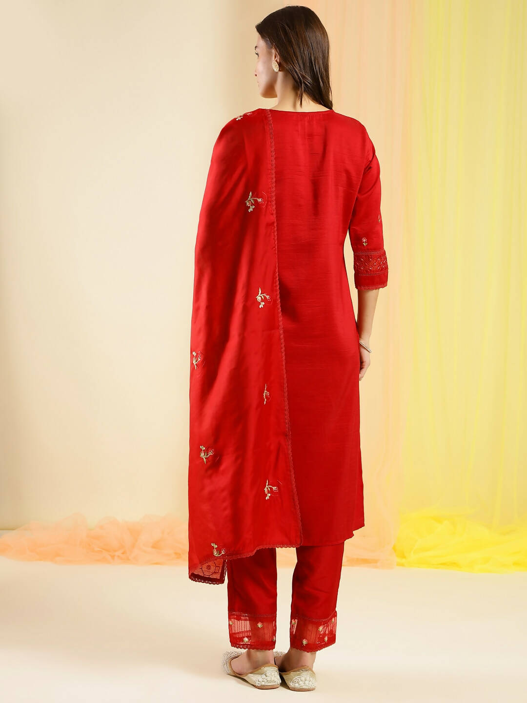 Red Chinon Embroidered Straight Kurta with Trouser & Dupatta - Salimar