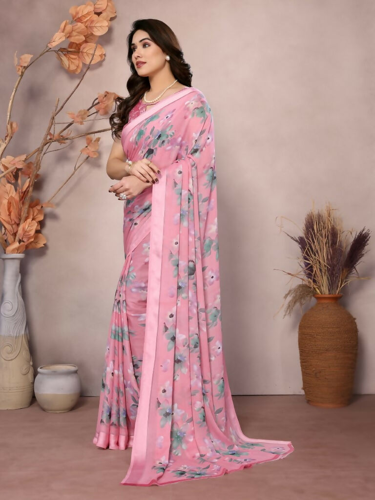 Designer Partywear Pink Bright Moss Satin Patta Fancy Saree - Kanak