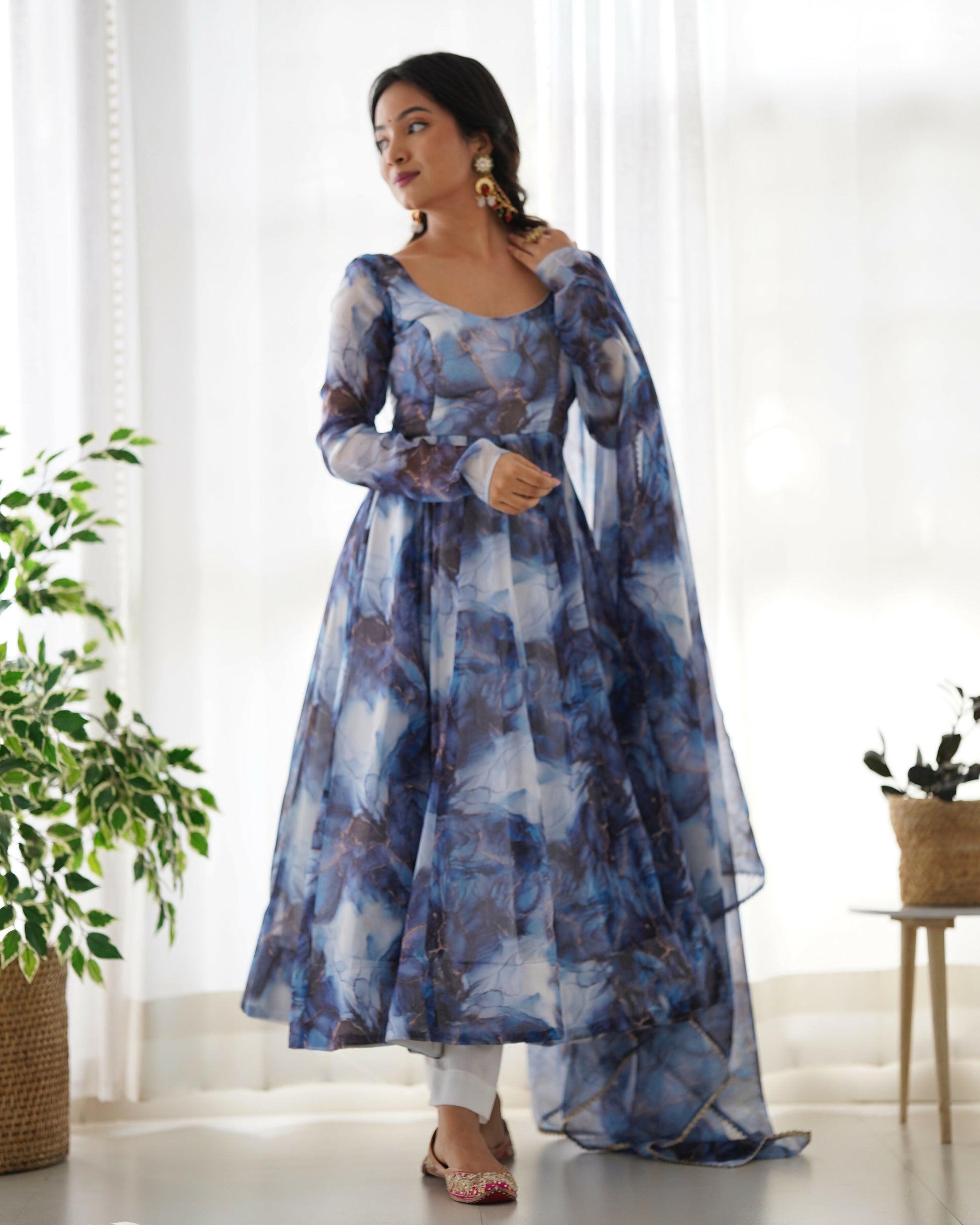 Joban Fashion Navy Blue Kurta Set Organza Sequin Embroidery Work 