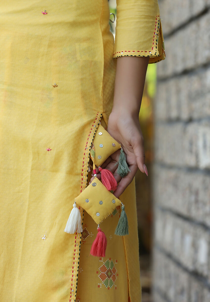 Kaajh Women's Yellow Embroidery Kurta Sharara Set
