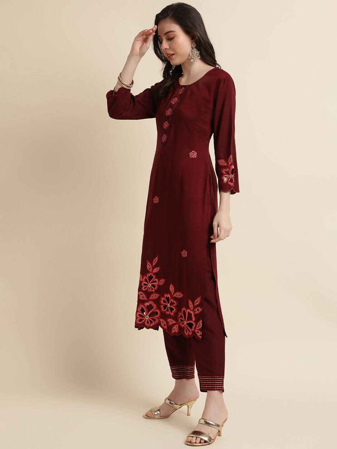 Maroon Chinon Silk Embroidered Straight Kurta with Trouser & Dupatta - Salimar