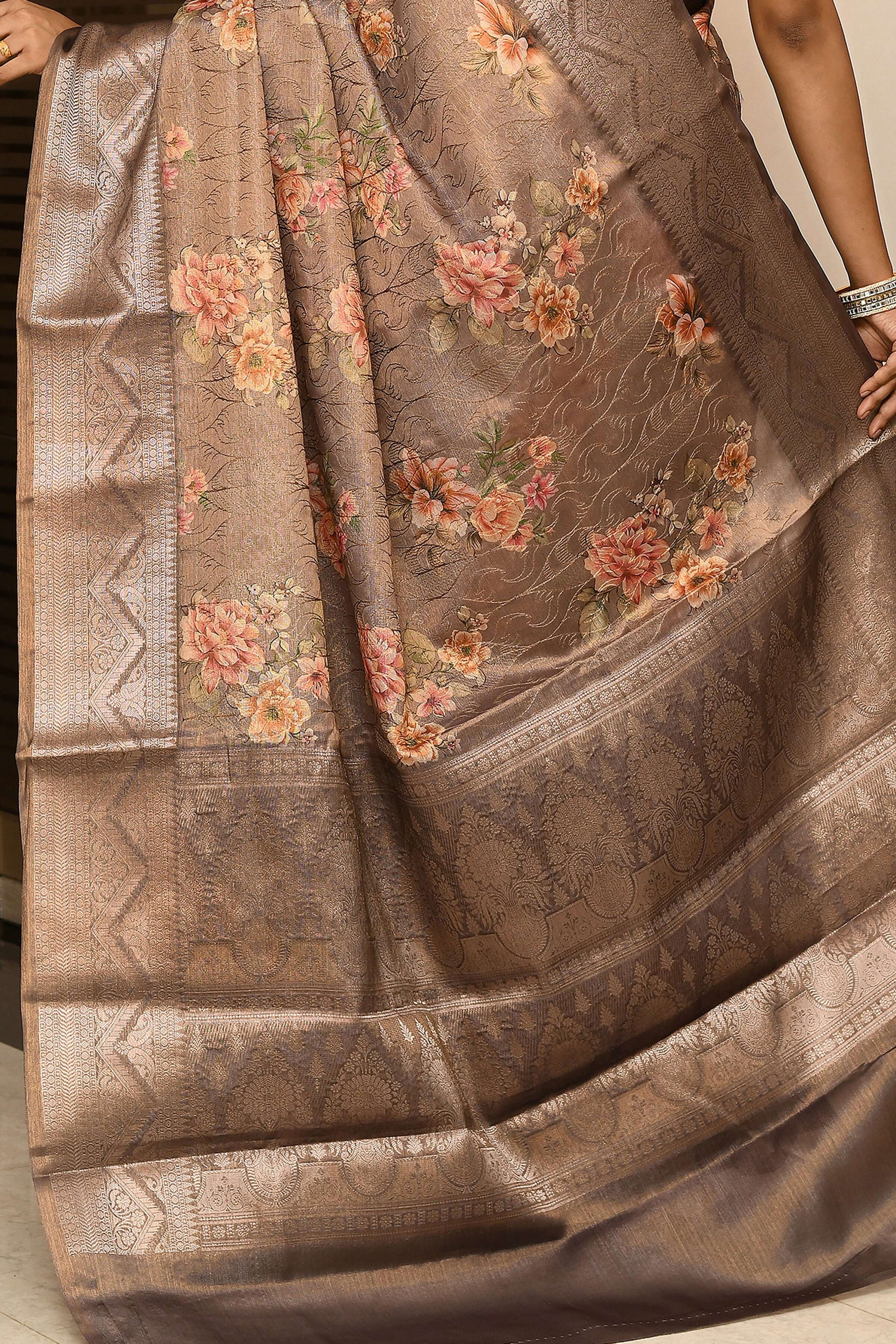 Joban Fashion Cofee Brown Saree Tissue Digital With Embroidery
