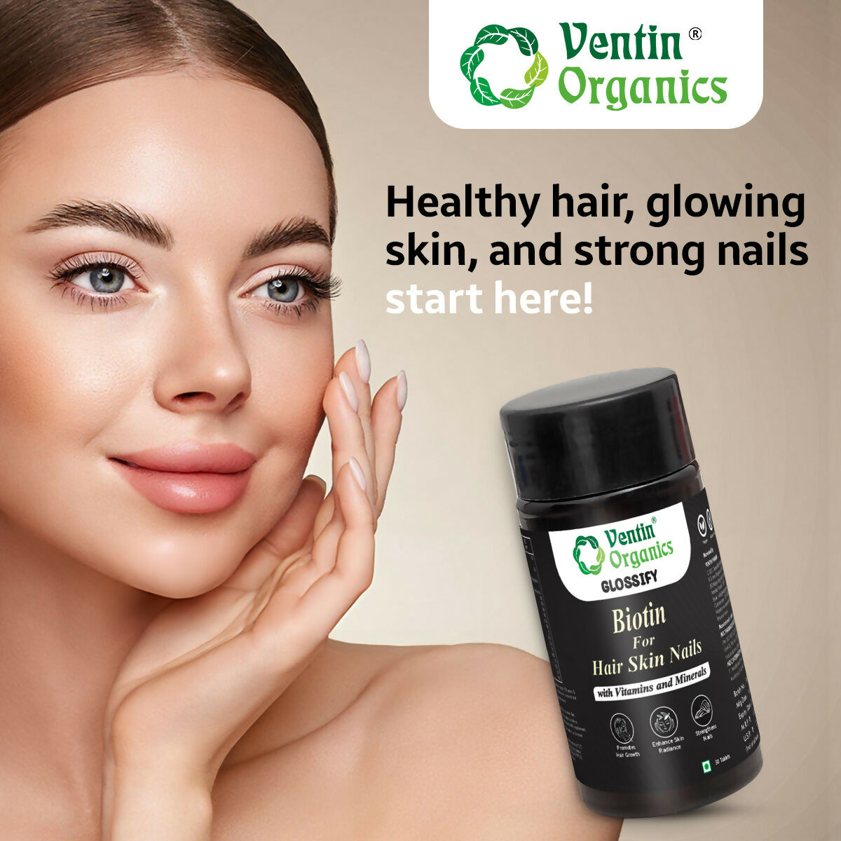 Ventin Organics Glossify Biotin Hair, Skin & Nails Tablets  Grab2Buy Ventin Organics Grab2Buy