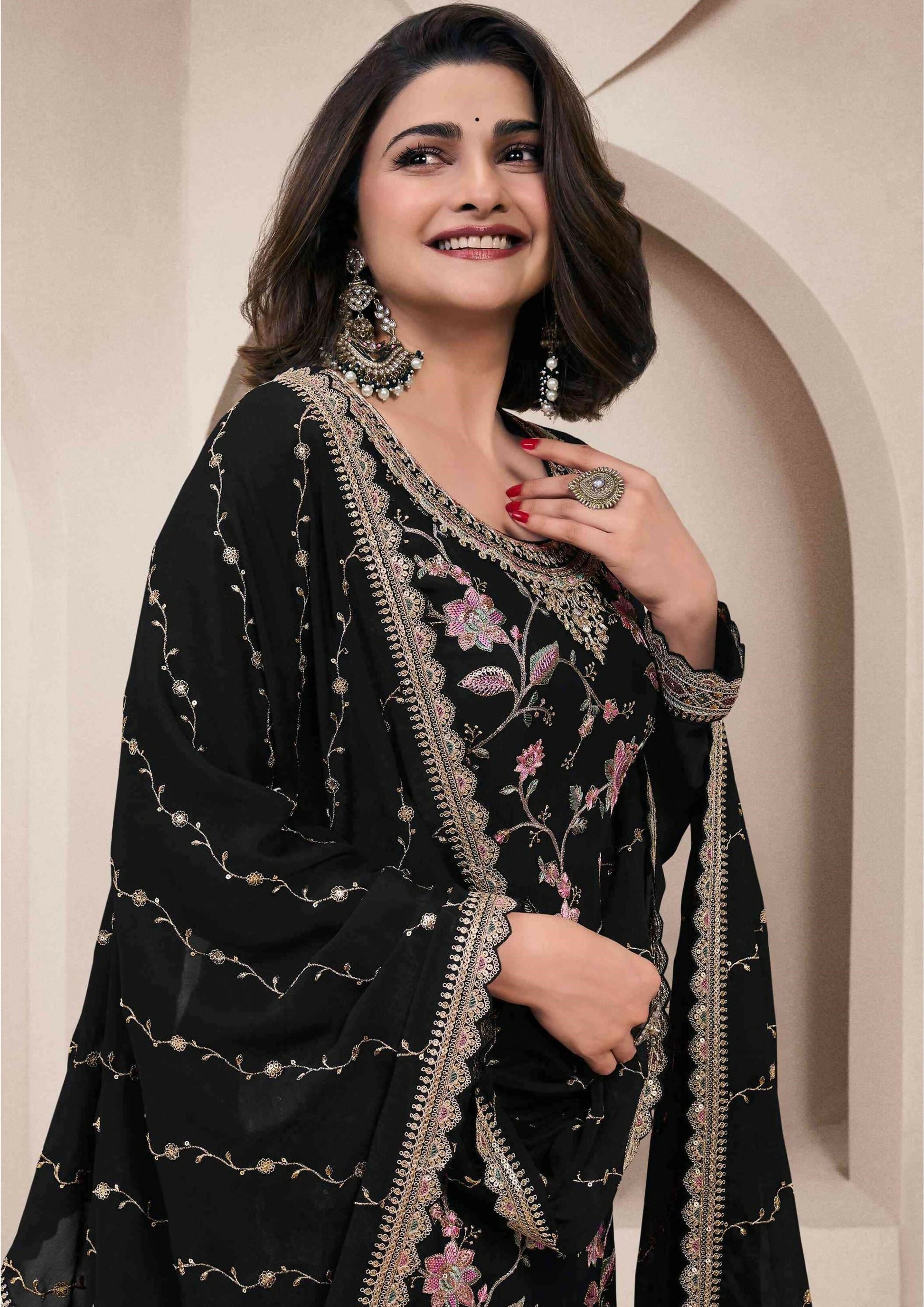 Anaita Black Heavy Chinon With Embroidery Sharara Suit (bottom Stitched)
