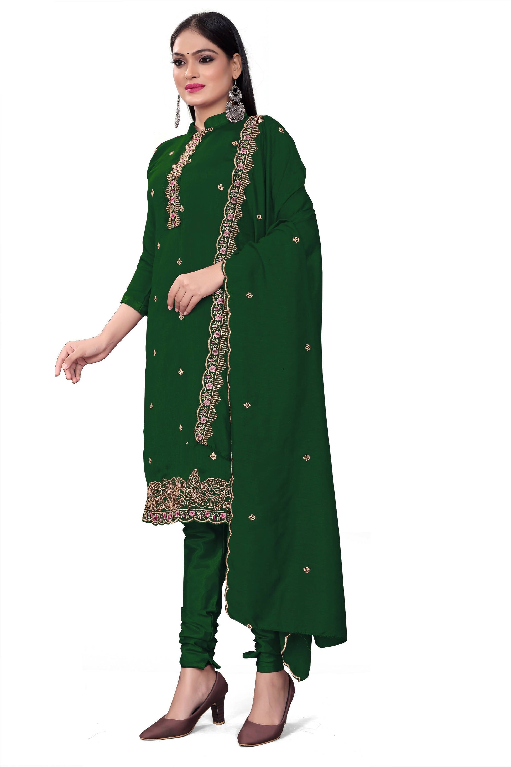 Green Silk Embroidered with Sequins work Unstitched Dress Material - Tanvi