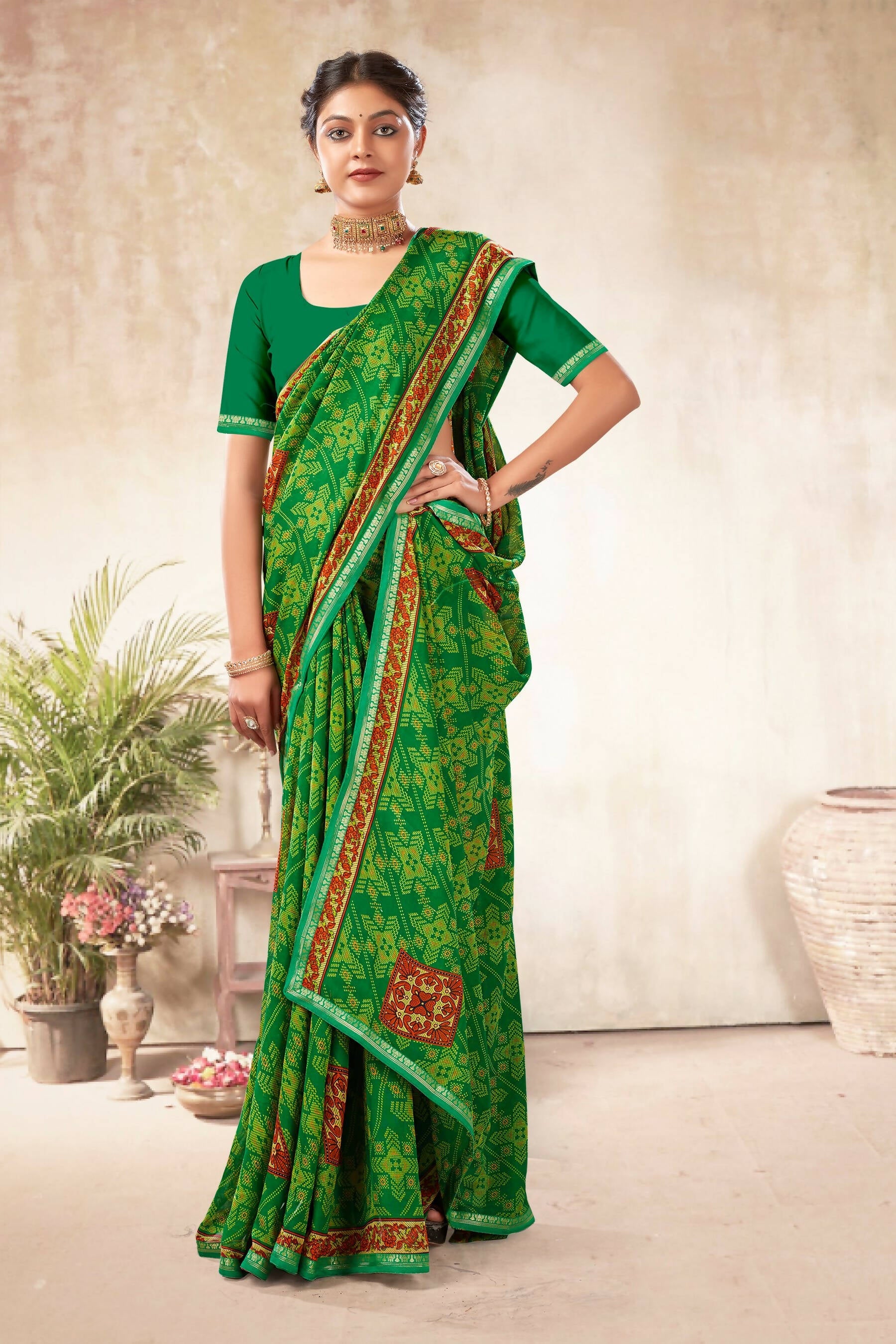 Green Georgette Bandhni Printed Saree With Unstitched Blouse Piece - Shanaya