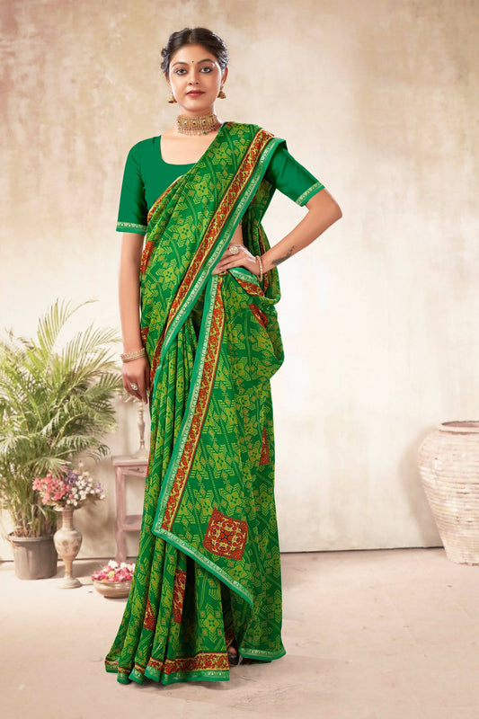 Green Georgette Bandhni Printed Saree With Unstitched Blouse Piece - Shanaya