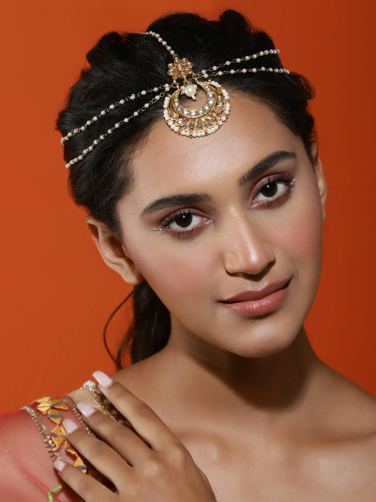 Gold-Plated White Kundan-Studded Faux Pearl Beaded Maathapatti - Ruby Raang - Grab2buy