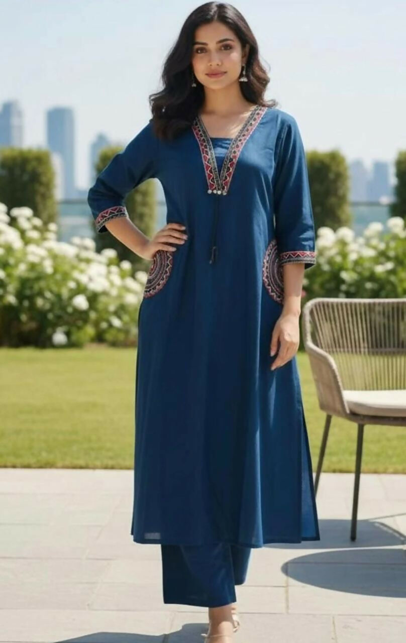 Miravan Womens Blue Straight Kurta With Palazzo Set