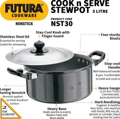 Hawkins Futura Non-stick Cook n Serve Stewpot 20 cm Diameter 3 L with Lid (NST30) - Grab2buy
