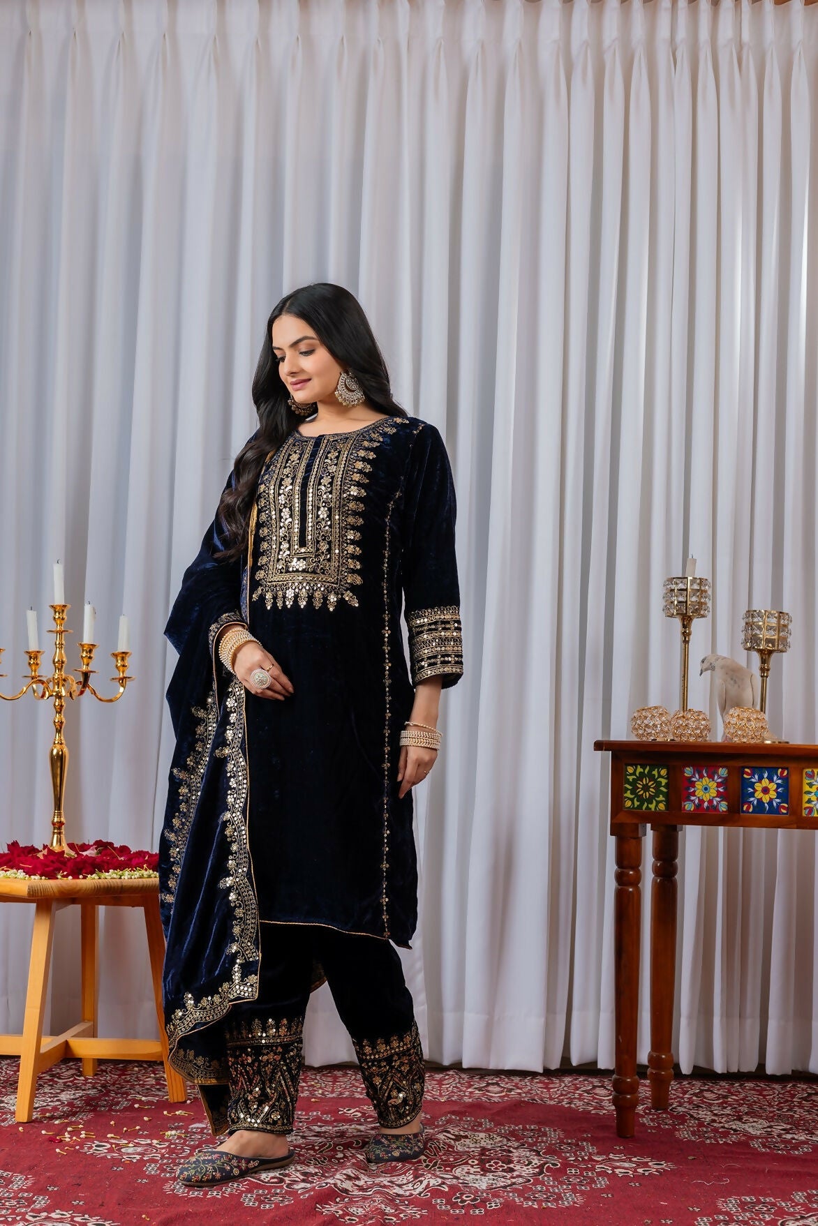 Joban Fashion Navy Blue Velvet Sequence Embroidery Work Kurta Set