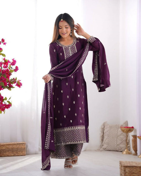 Teeya Creation Wine Color Pure Chinnon Silk Embroidery Work Functional Wear Salwar Suit