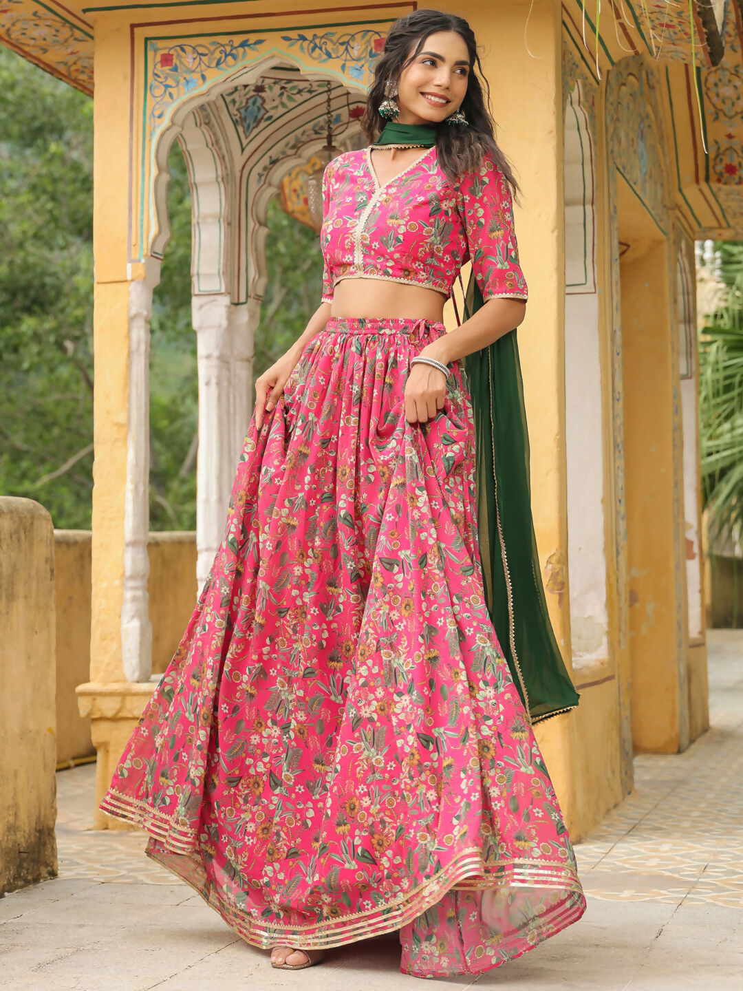 Janasya Pink Georgette Floral Lehenga Choli Dupatta 