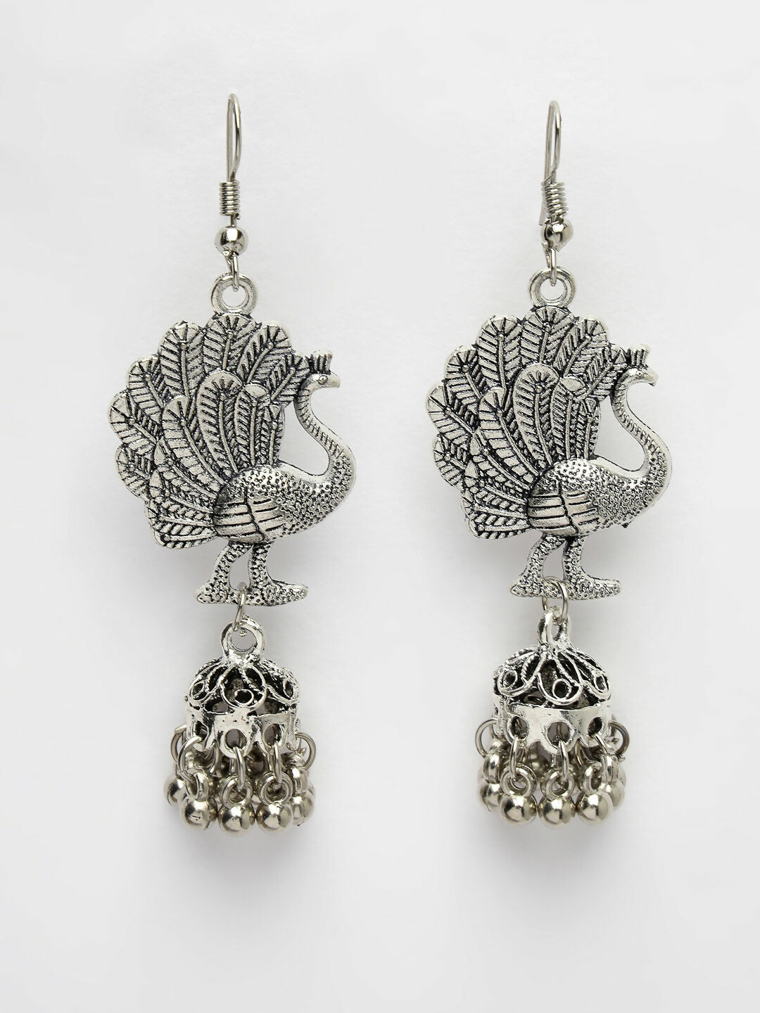 NVR Women's Silver-Toned Peacock Desing German Silver Oxidised Dome Shaped Jhumka Earrings 