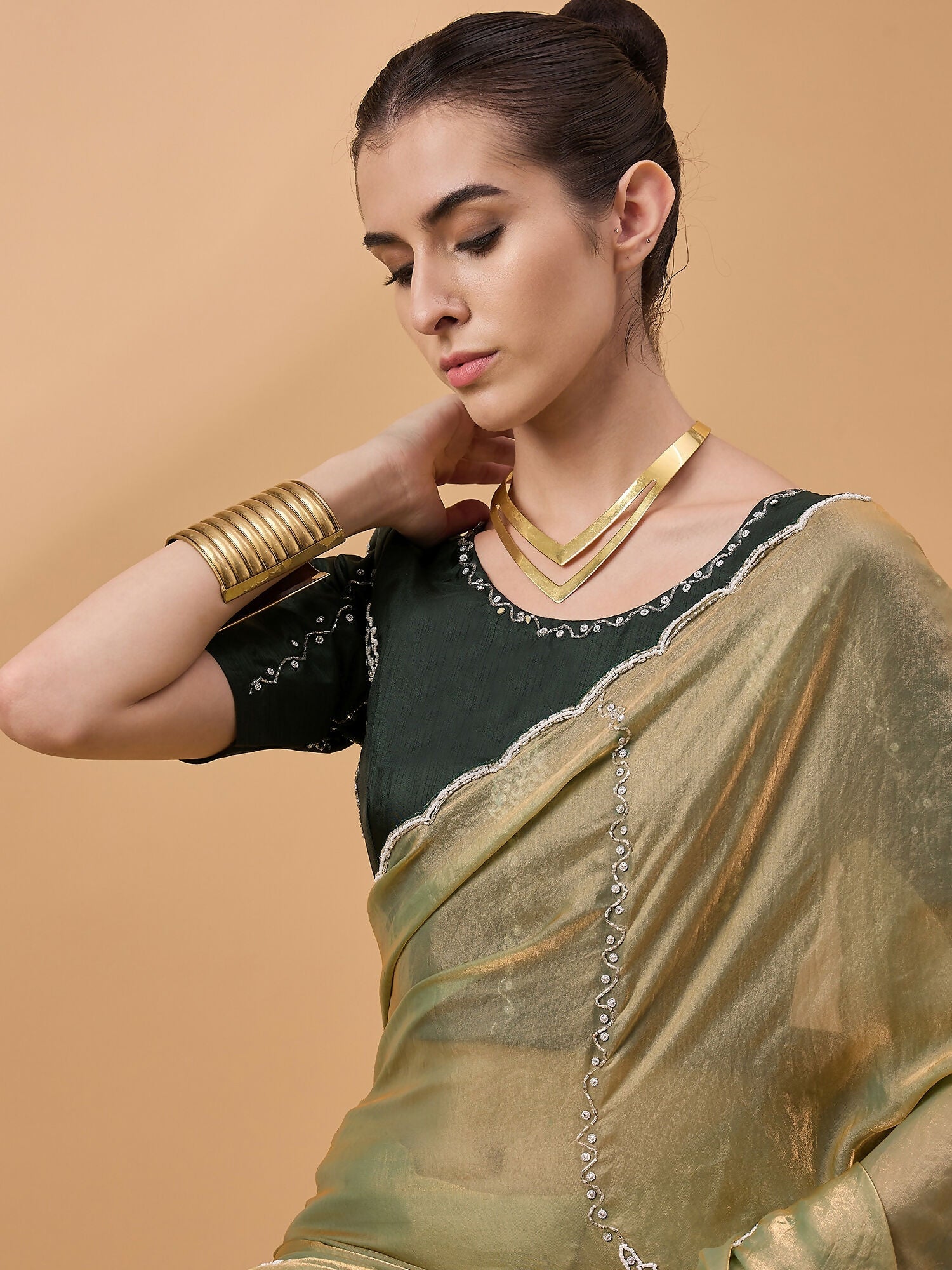 Green Muslin Embroidered Saree with Unstitched Blouse Piece - Satya