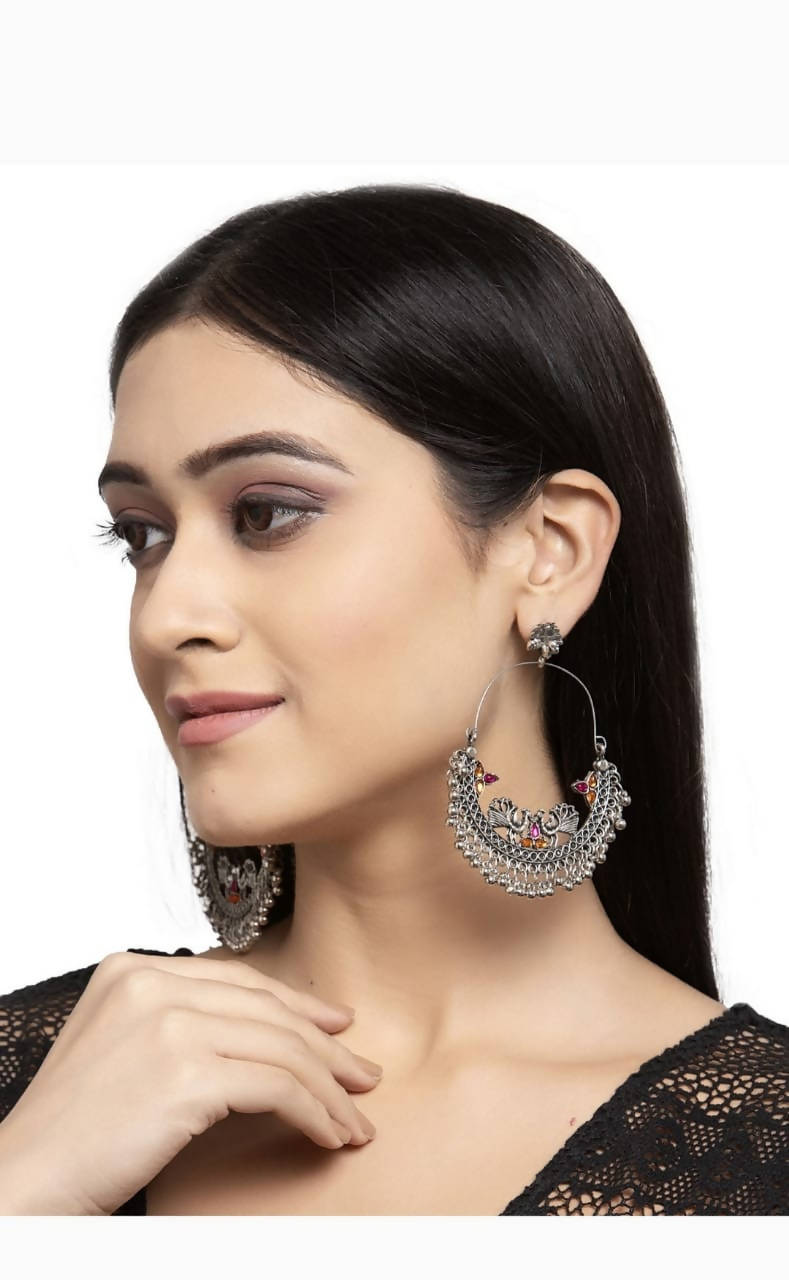 Mominos Fashion Silver-Plated Peacock Design Multi-Color Chandbali Earrings 