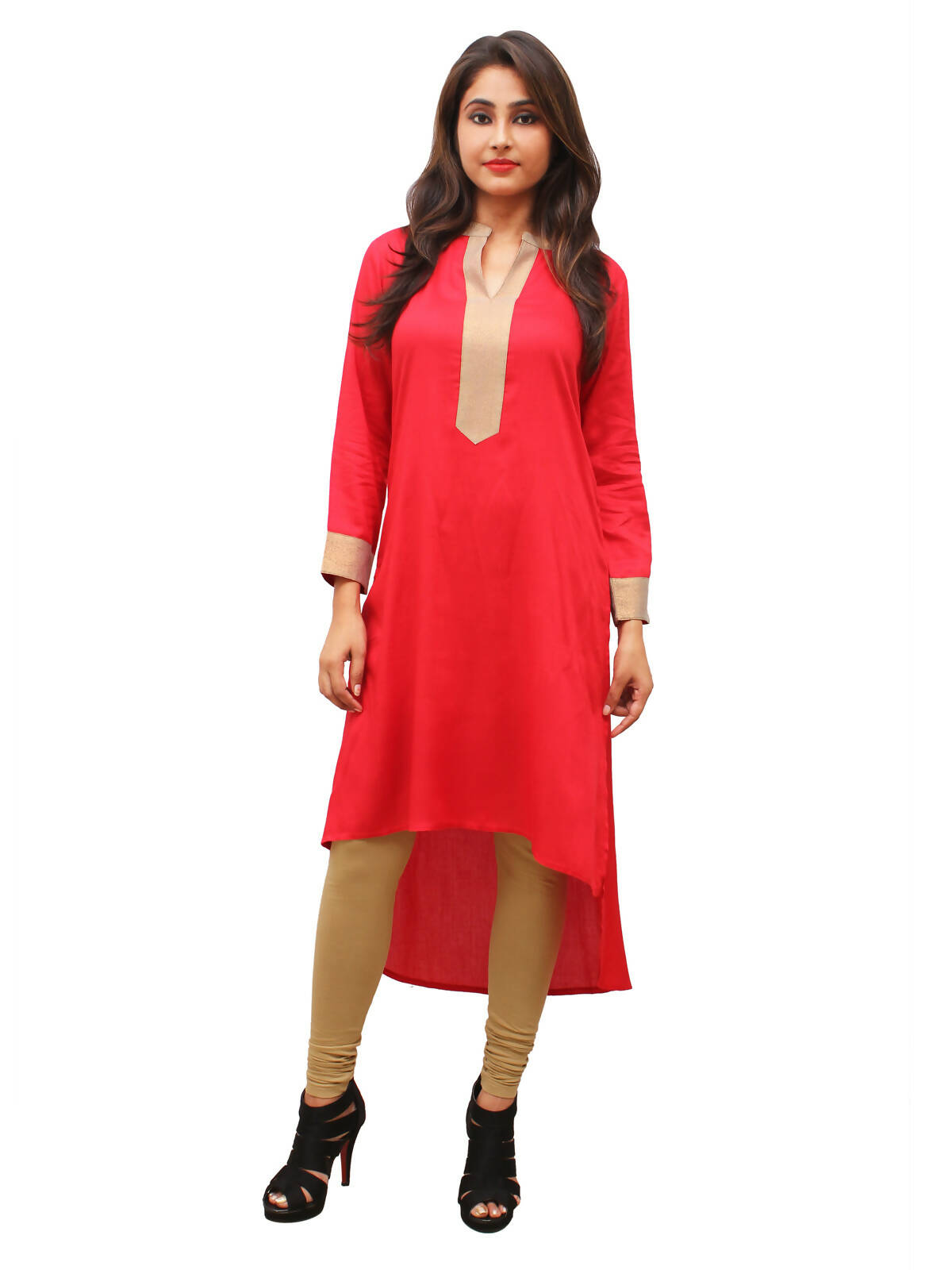 Women's Red Kurti With Zari Placket, Up Down Look - G & A Apparels 