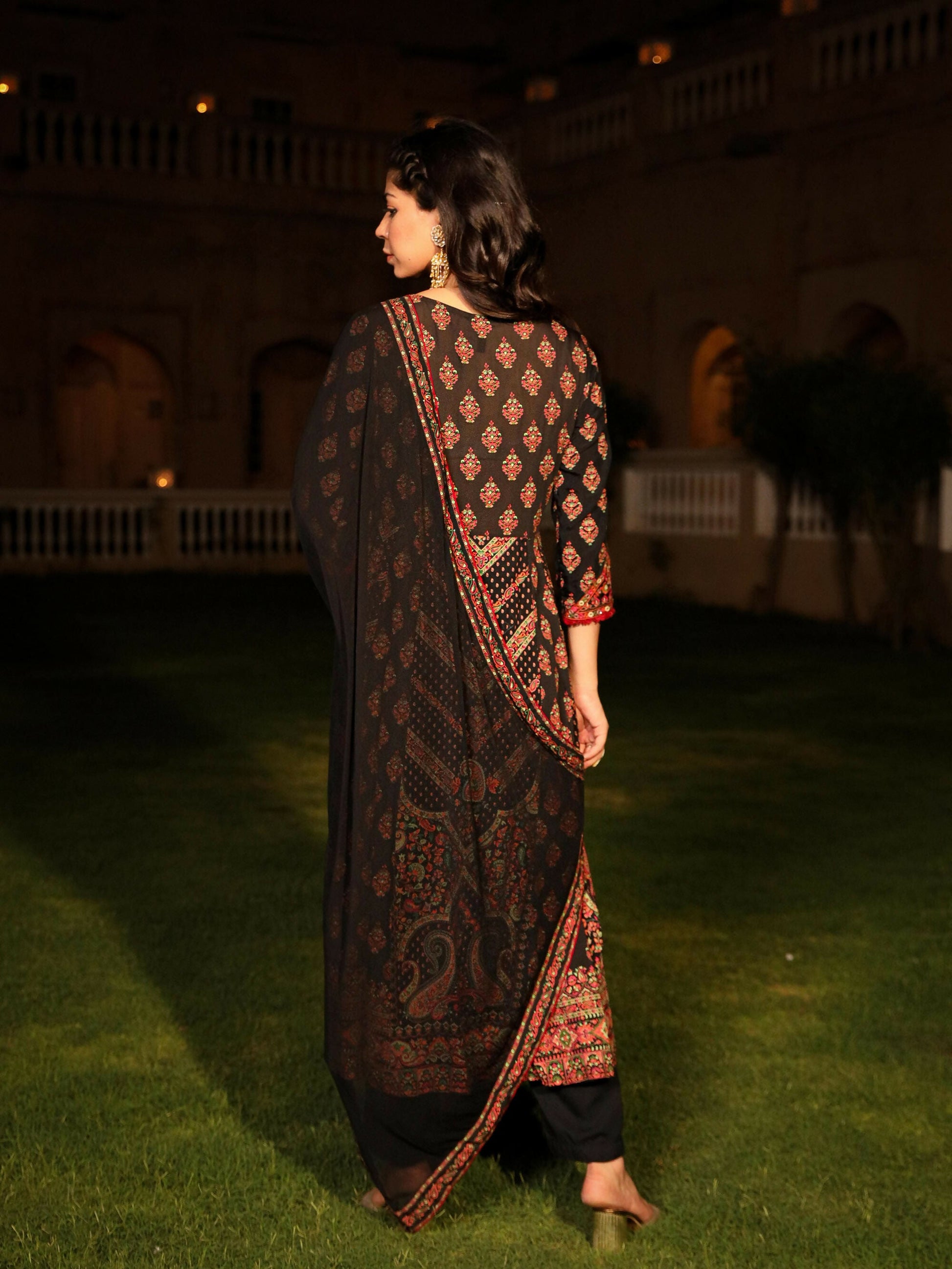 Juniper Women's Black Ethnic Motif Printed Rayon Kurta Palazzo And Dupatta With thread & Mirror Work