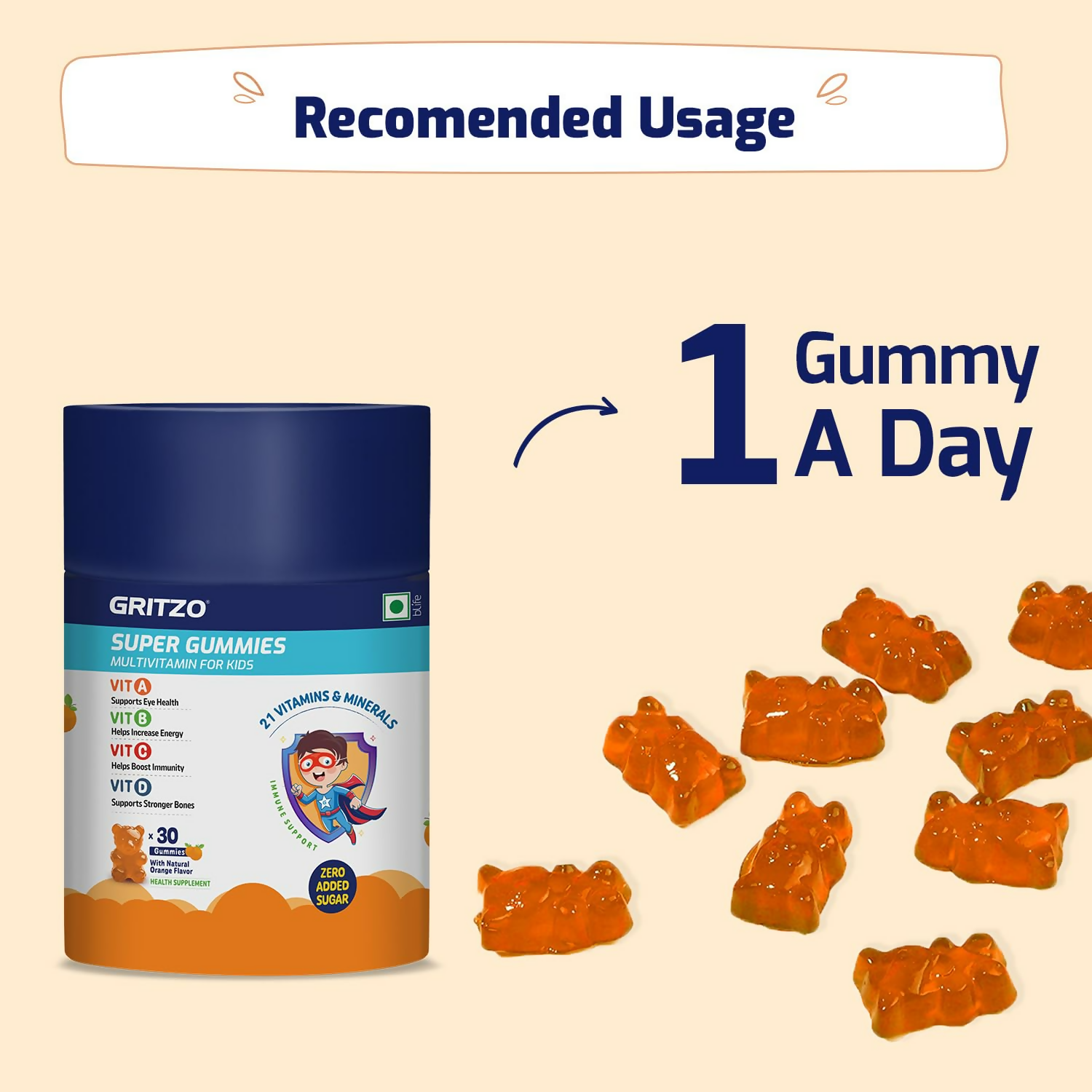 Gritzo Super Gummies, Multivitamin for Kids (Natural Strawberry & Natural Orange Flavours)
