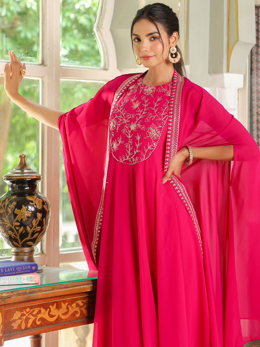 Janasya Pink Georgette Embroidered Dress & Cape 