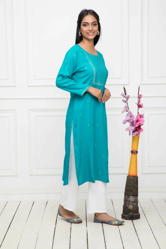 Myshka Women Blue Solid Rayon Straight Round Neck Kurtas