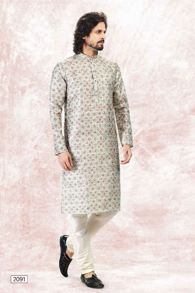 Raivat Ethnic Jacquard Banarasi Silk Digital Print Kurta Pajama In Pista Green Colour