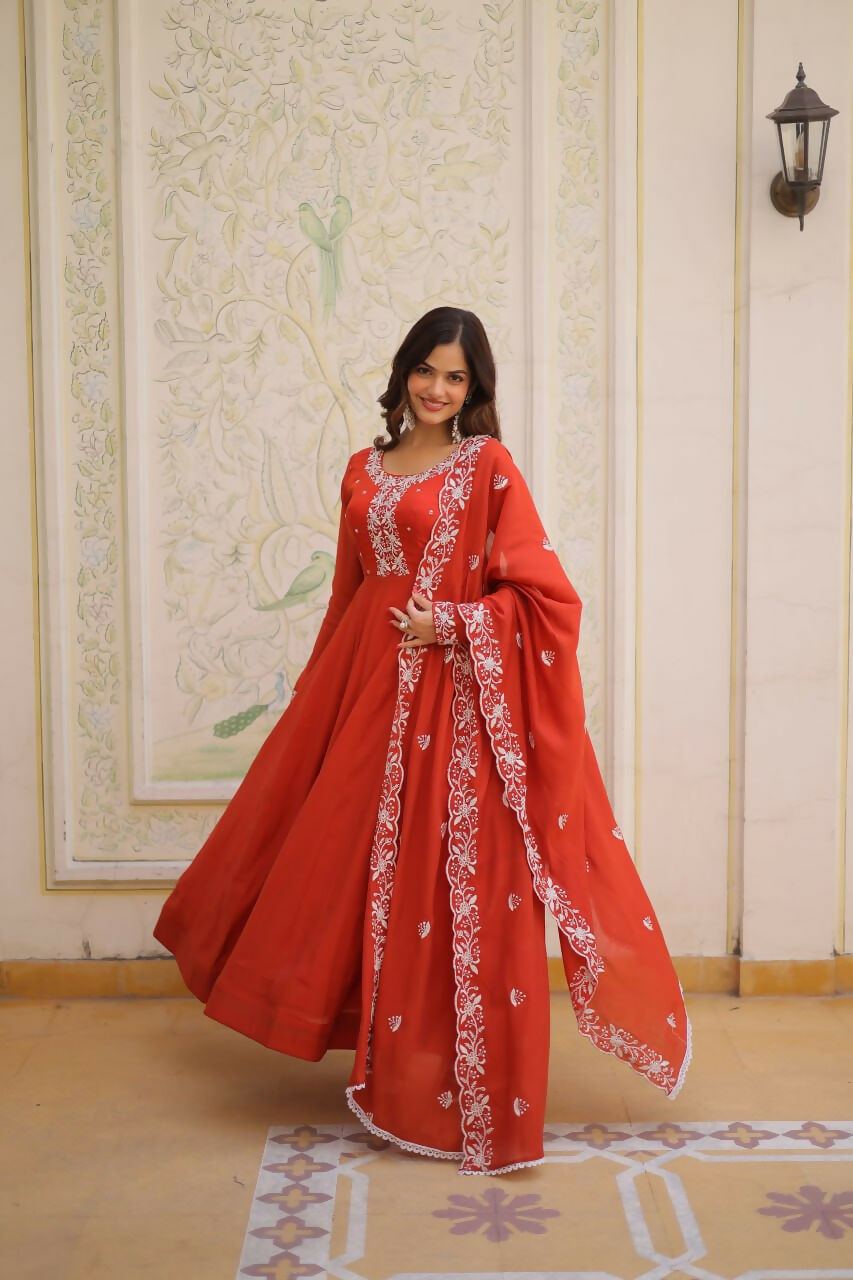 Teeya Creation Womens New Fancy Mul Chanderi With Embroidered Work Gown Set