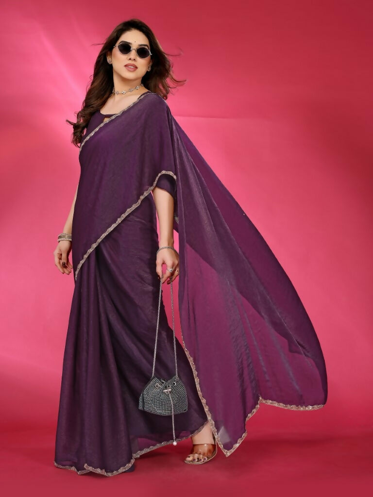 PR Fashion Wine Jimmy Choo Fabric Palin With Work Lace Saree