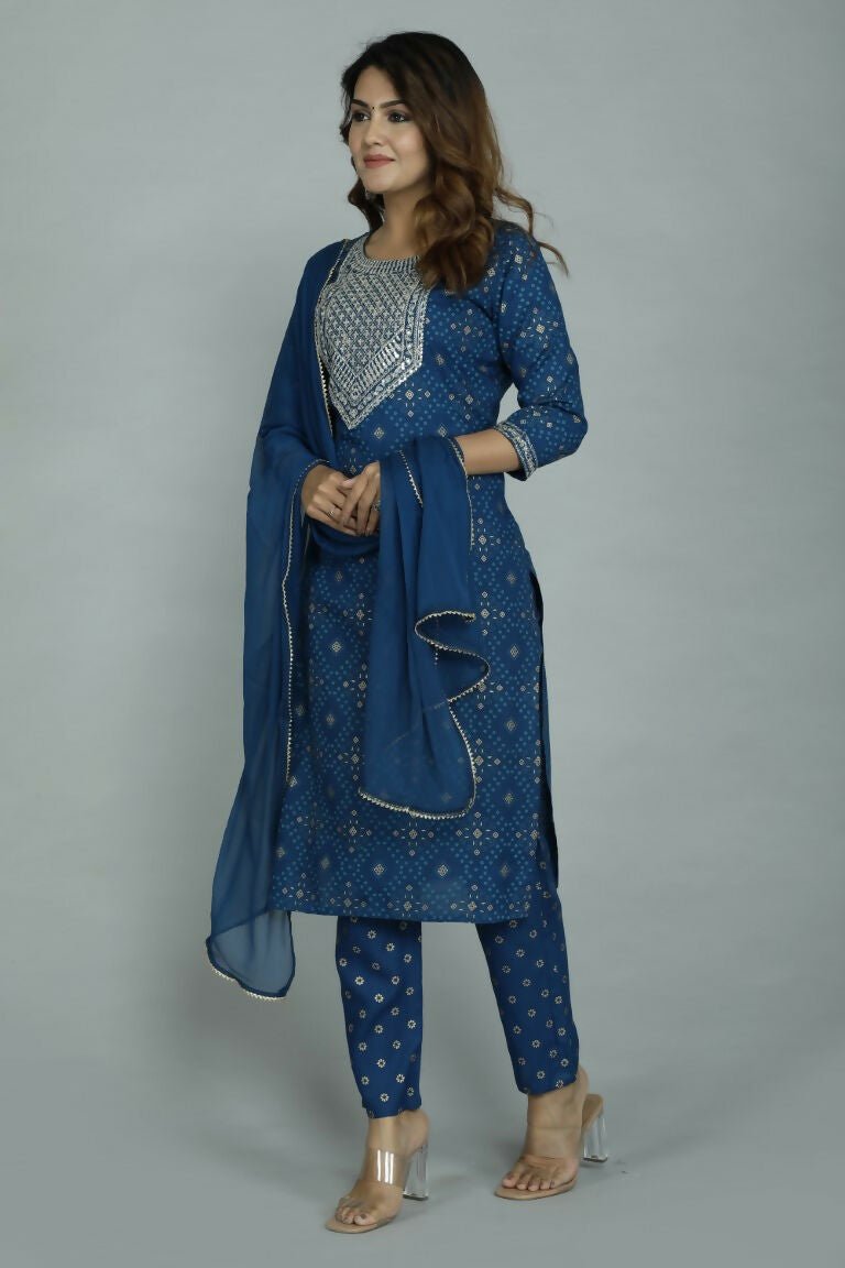 Alvano Printed Sequence Kurti with Pant and Dupatta set Rayon (Blue)