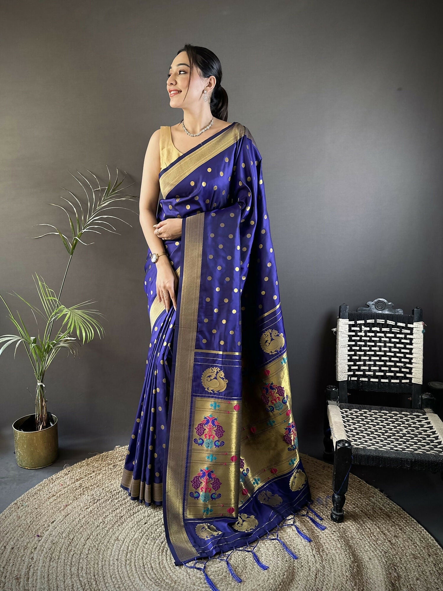 Joban Fashion Royal Blue Polka Dot Lichi Silk Paithani Silk Saree