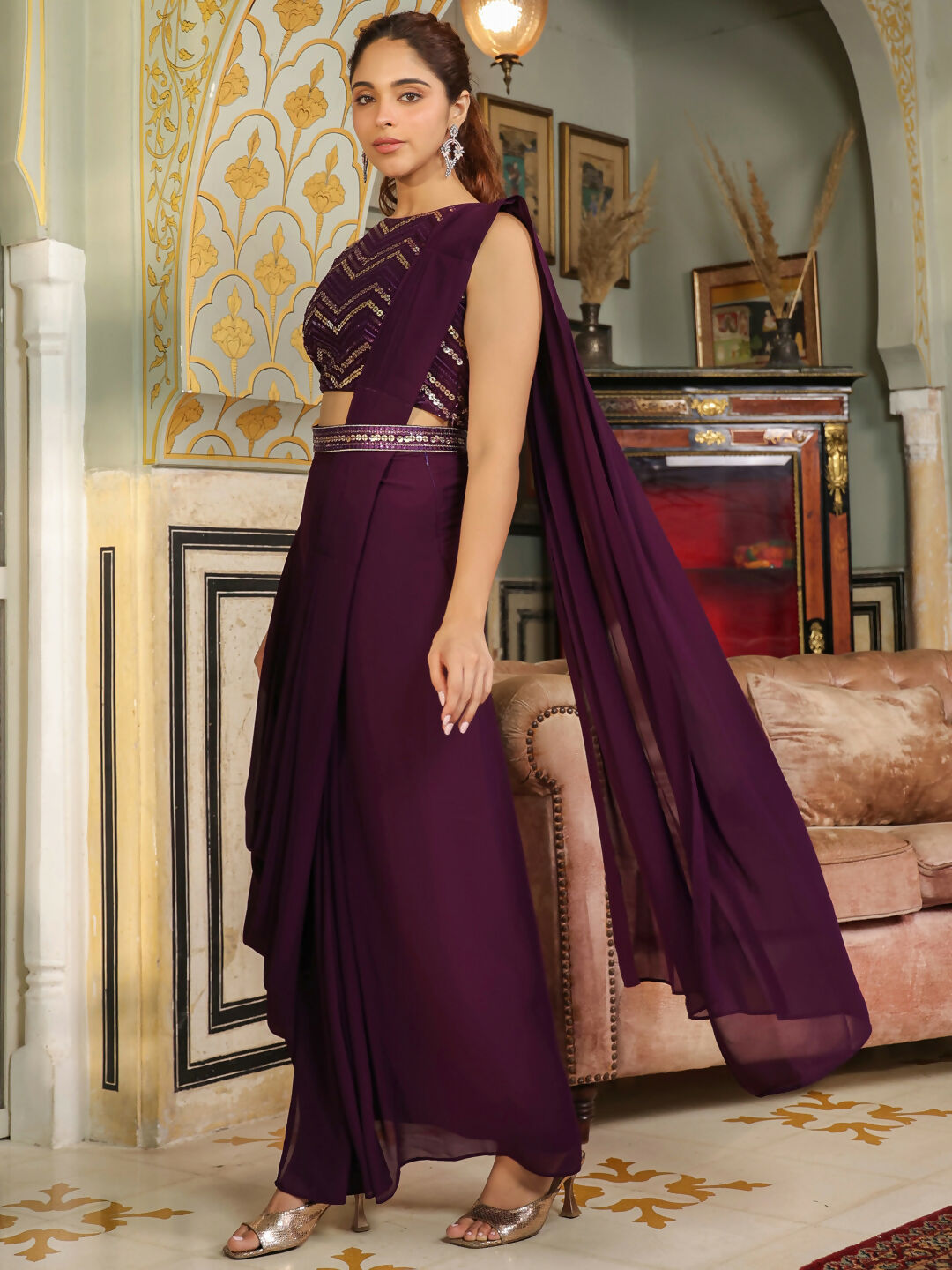 Janasya Purple Georgette Sequined Grab2Buy and Blouse 
