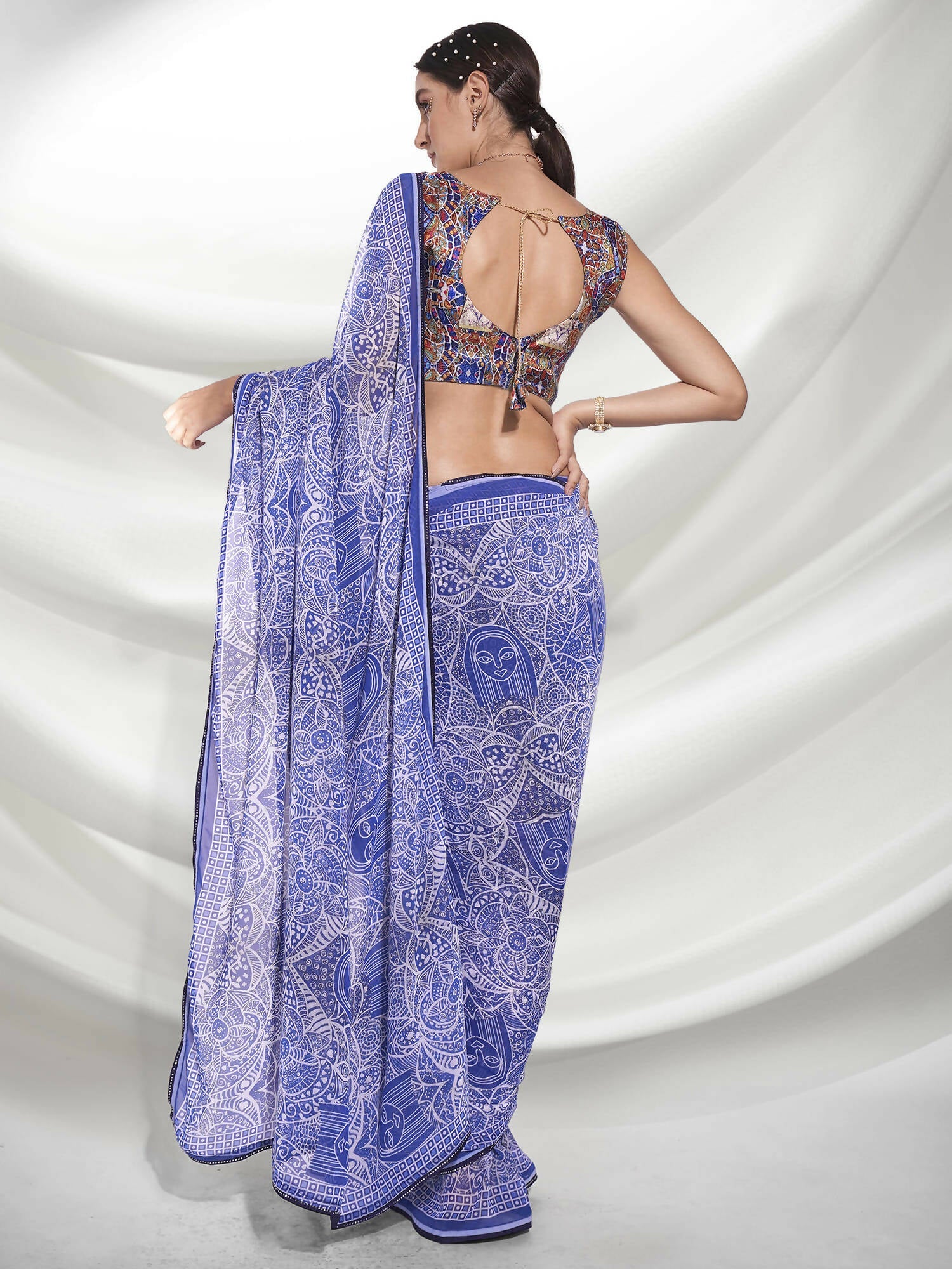 Blue Georgette Floral Printed Saree With Unstitched Blouse Piece - Rajal