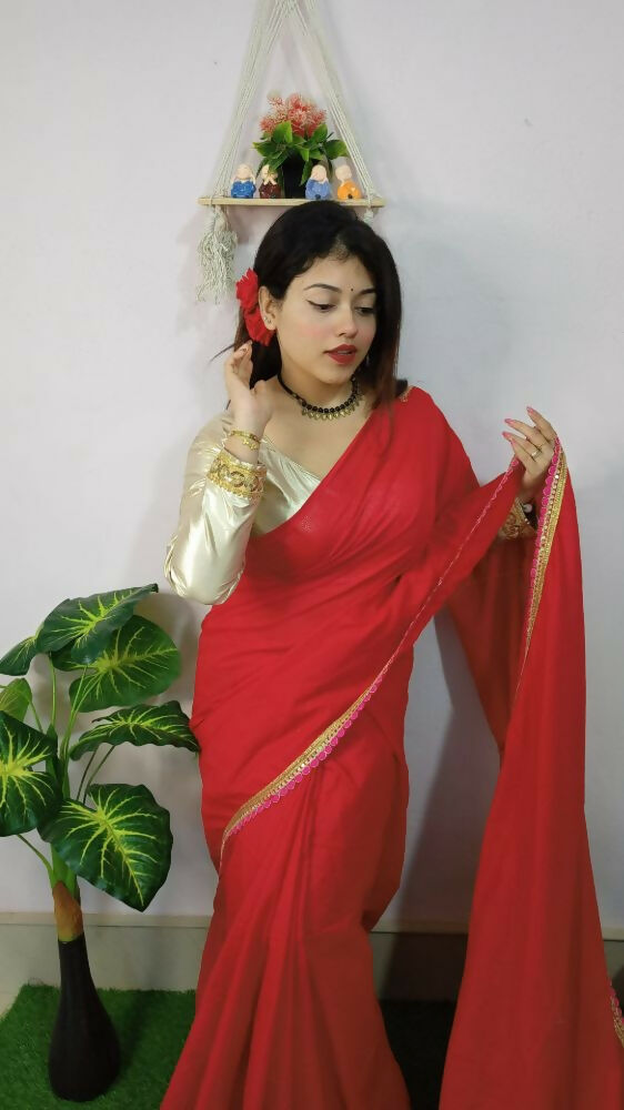 Exclusive Collection Beautiful Khadi Cotton Handloom Grab2Buy With Beautiful Zari Border - Red 