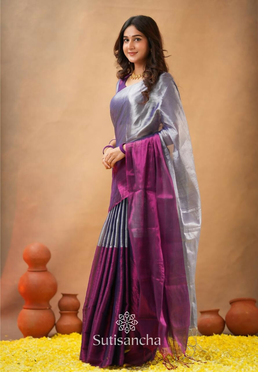 Exclusive Collection Beautiful Gray Magenta Tissue Silk Hand Weaving Handloom Grab2Buy With Running Blouse Piece 