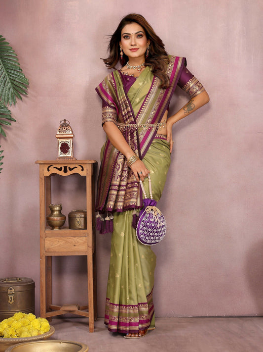 Anaita Green Handloom Kalamkari Silk Saree With Zari Woven Work