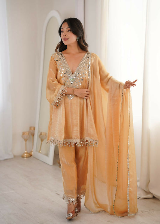 Teeya Creation Womens New Trending Fendy Fabric With Real Mirror With Coding Embroidered Lace Work Kurta Set
