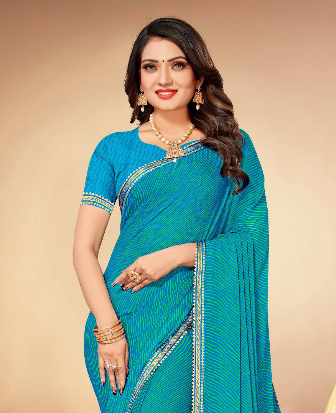 Sky Blue Chiffon Leheriya Printed Saree With Unstitched Blouse Piece - Swarna