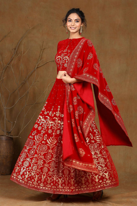 Juniper Women Maroon Velvet Printed Flared Lehenga Choli Sets - Grab2buy