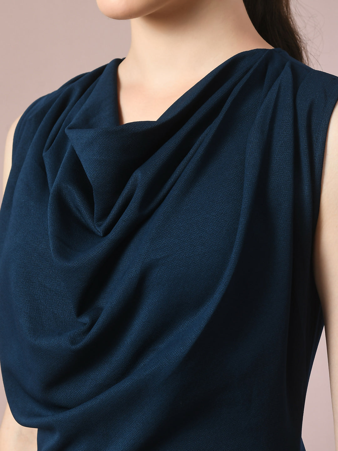 Myshka Women's Navy Blue Solid Cowl Neck Bodycon Party Dress