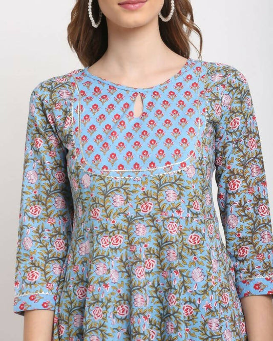Aastha Fashion Women's Blue Cotton Kalamkari Printed Kurta with Trouser & Dupatta - Grab2buy