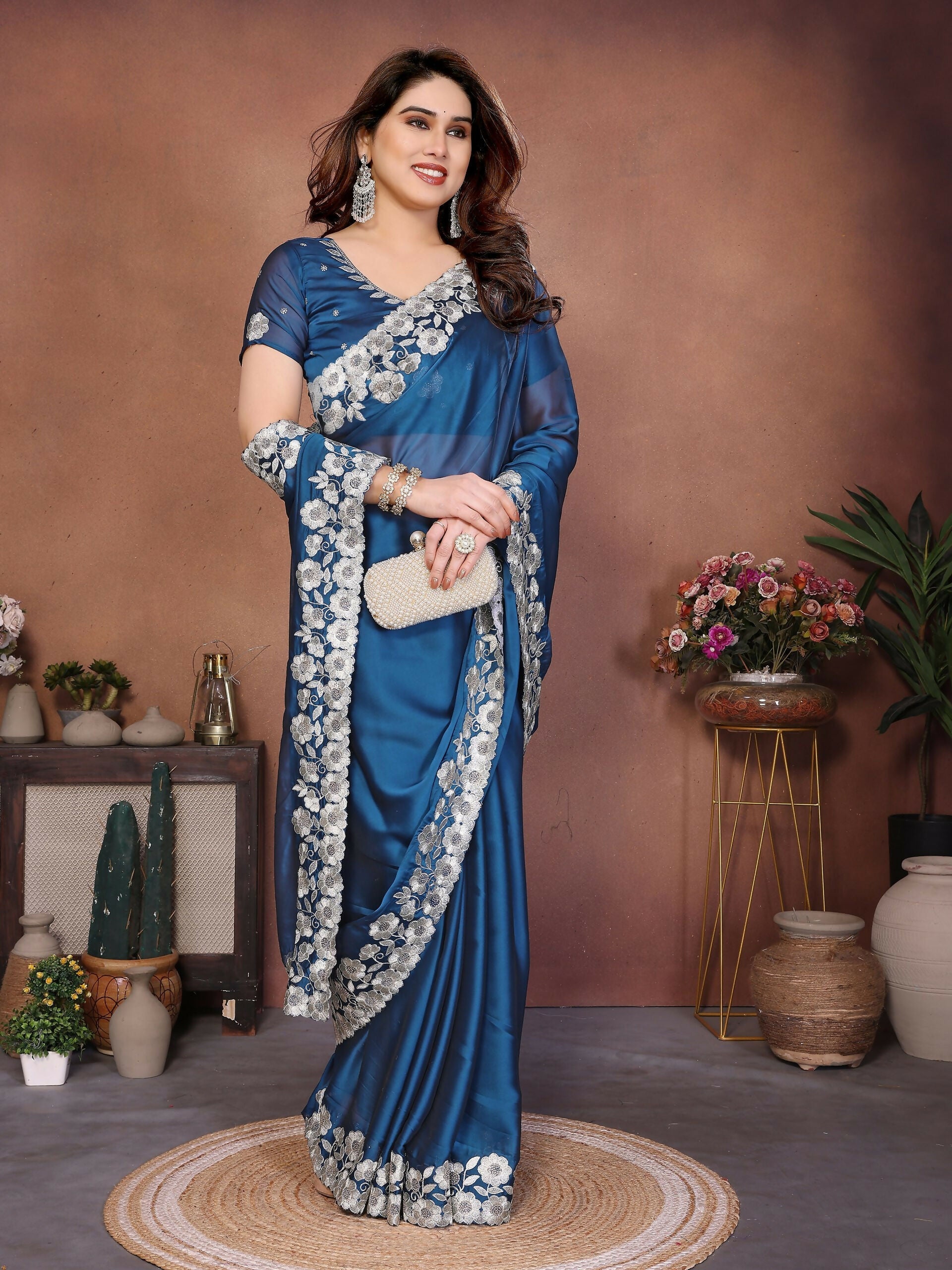 Teeya Creation New Trendy Stylish Party Wear Silk Saree-Blue