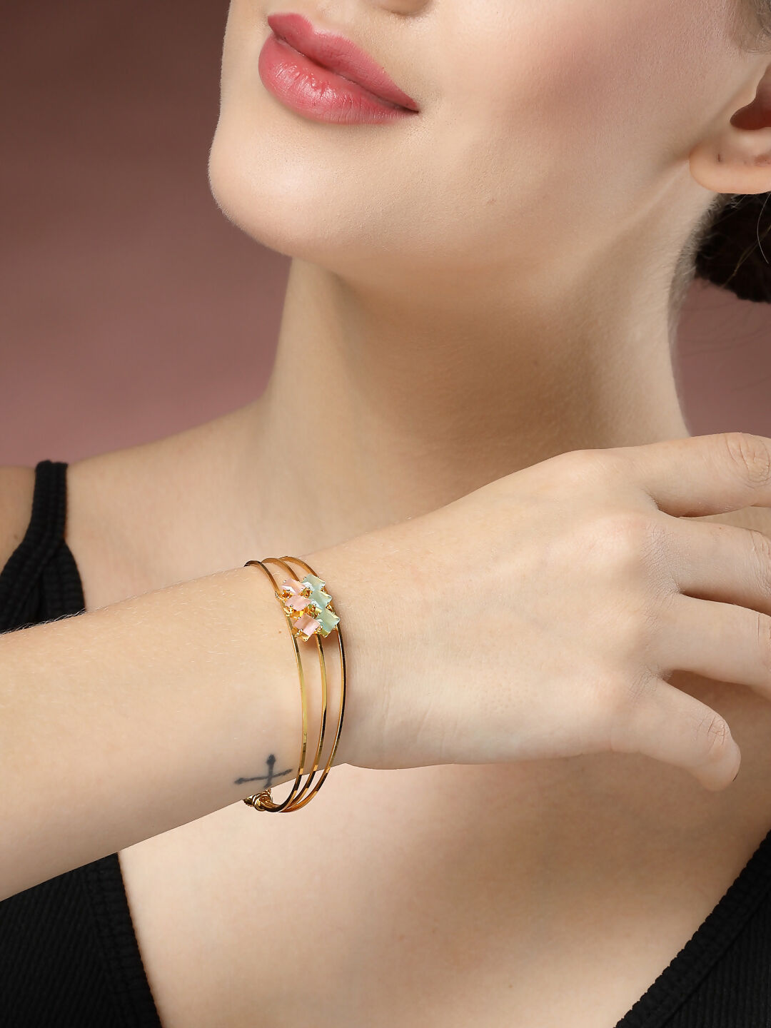 NVR Women's Gold-Polished CZ Stone-Studded Cuff Bracelet | Grab2Buy