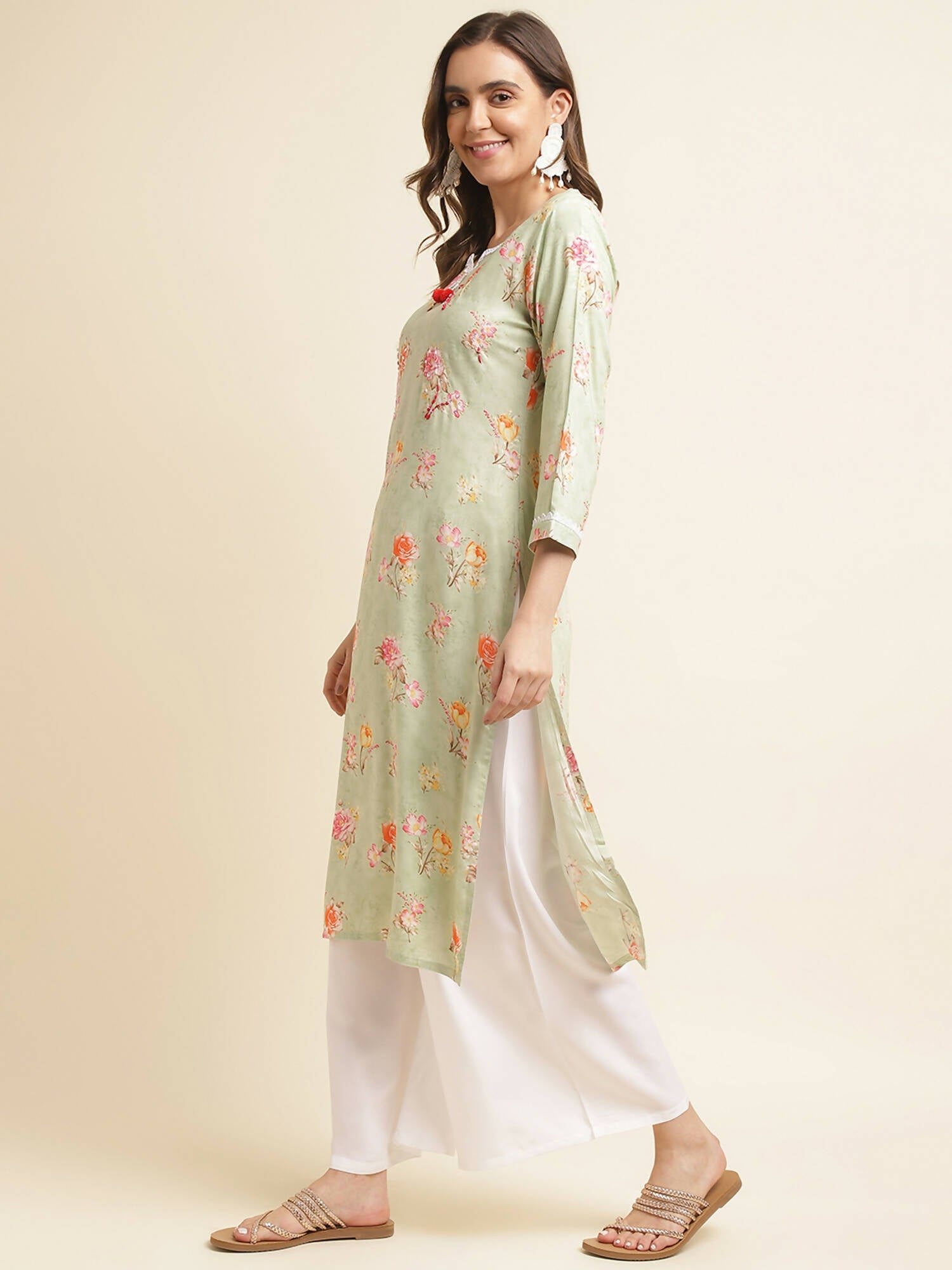 Green Poly Rayon Floral Printed Straight Kurta - Prasuti